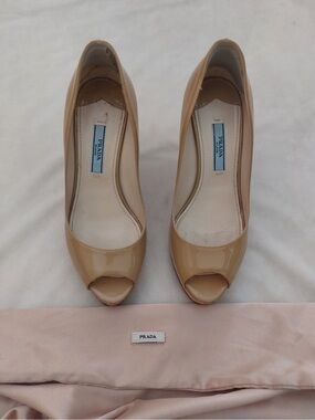 Prada Beige Patent Leather Peep Toe Cork Wedge Pump
